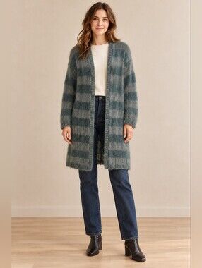 Cozy Blue-Green Wool Striped Fuzzy Open Cardigan Sweater
